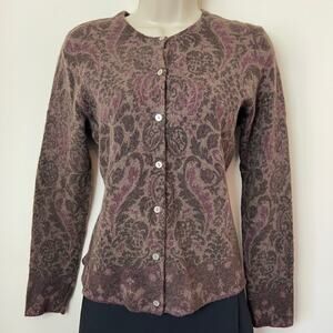Tweeds Dark Chocolate Brown Floral Damask Print Lambswool Rabbit Cardigan Medium
